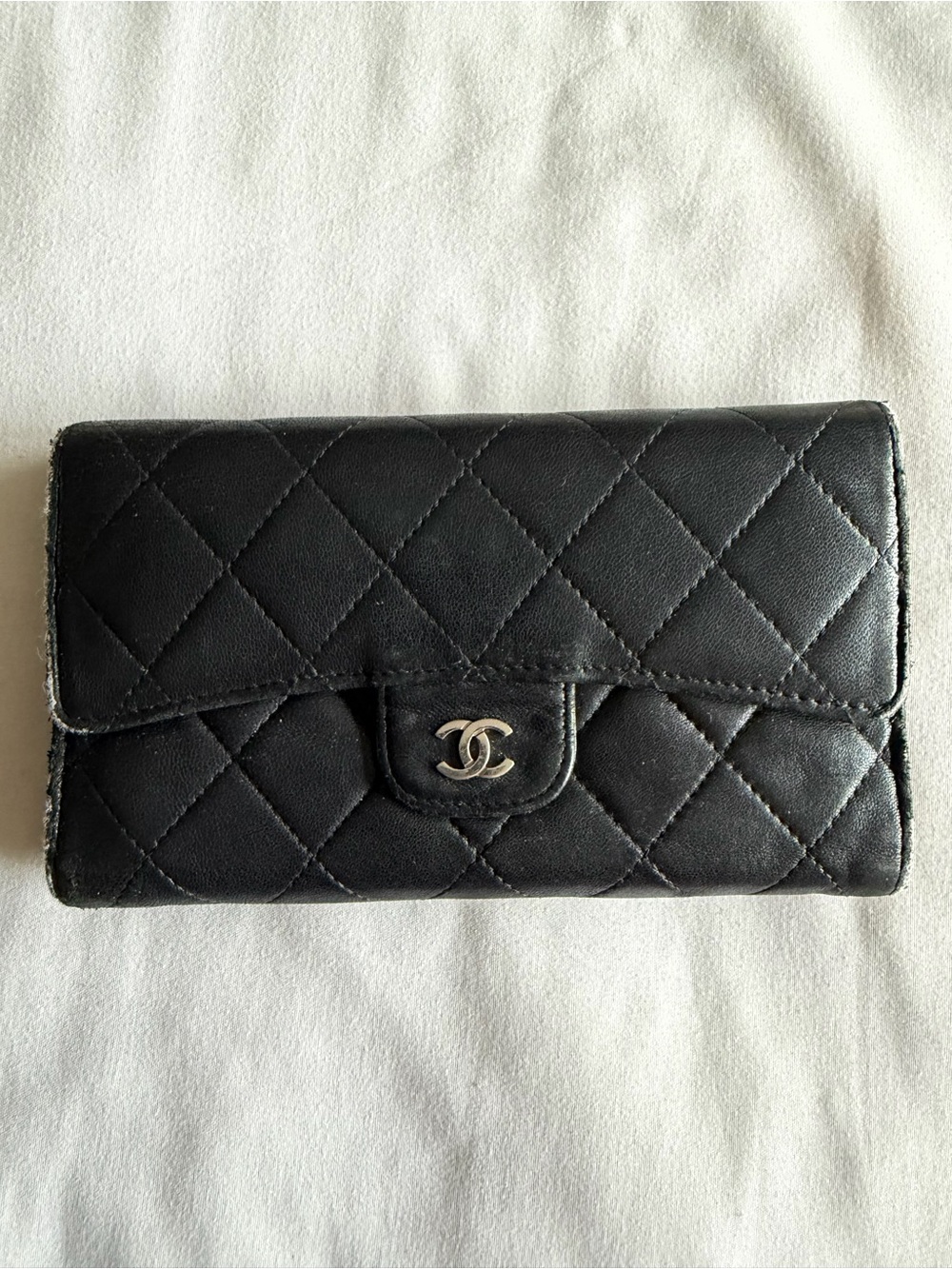 CHANEL Black Quilted Leather Wallet with Silver CC Logo